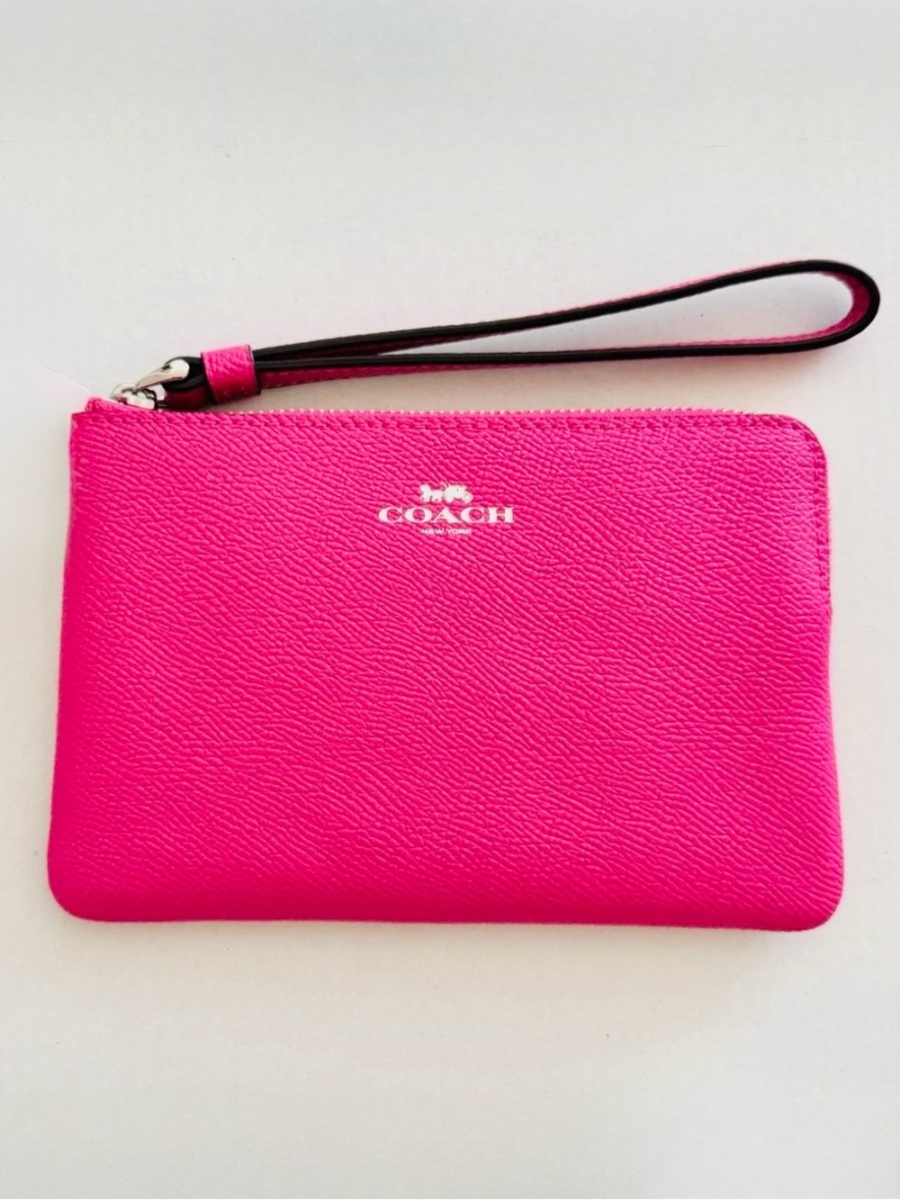 COACH, Pebbled Leather Corner Zip Wristlet in Electric Pink, NWT